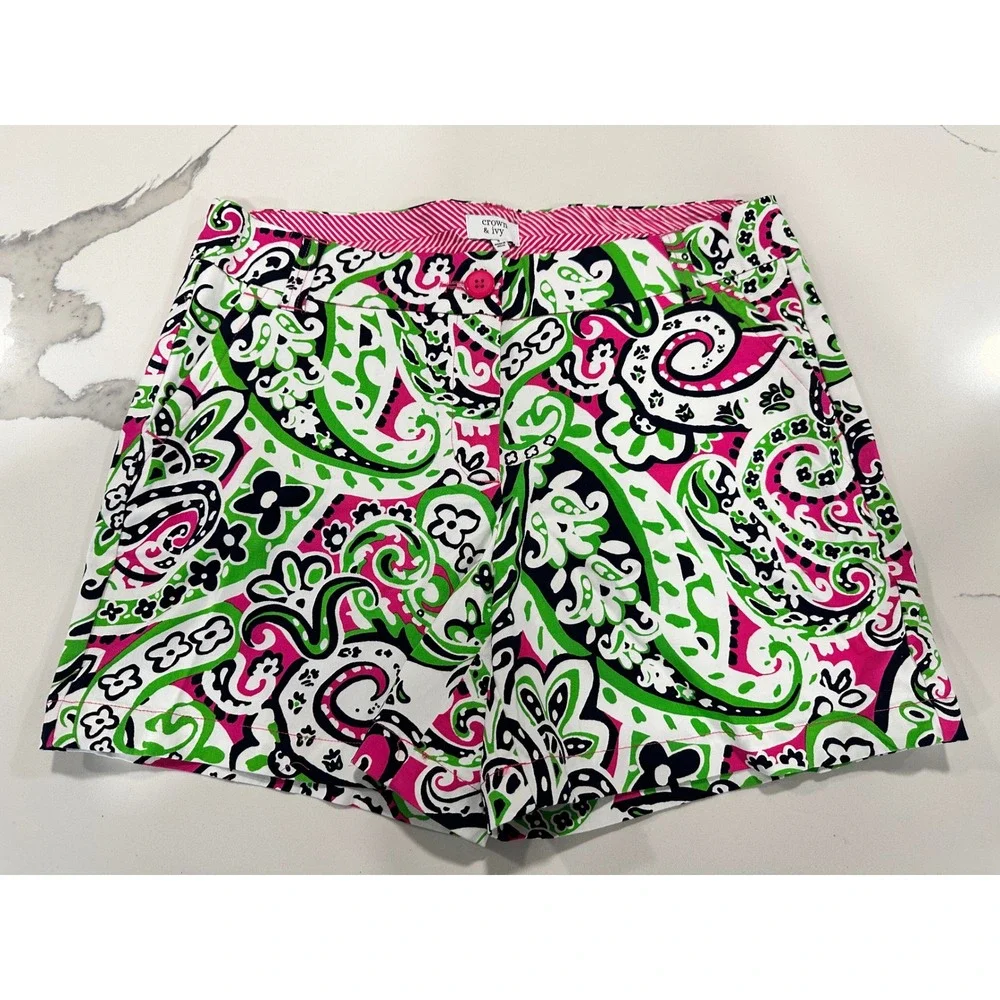 Crown Ivy Women's Paisley Print Shorts Pink Green Black White Size 8‎